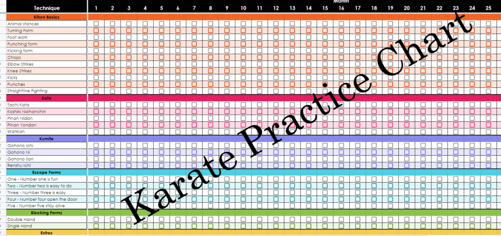 Sample of a Digital Karate Practice Chart